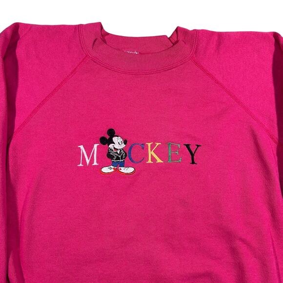 Vintage 1990s Mickey Mouse Embroidered Pink Crewneck Sweatshirt - Picture 2 of 4